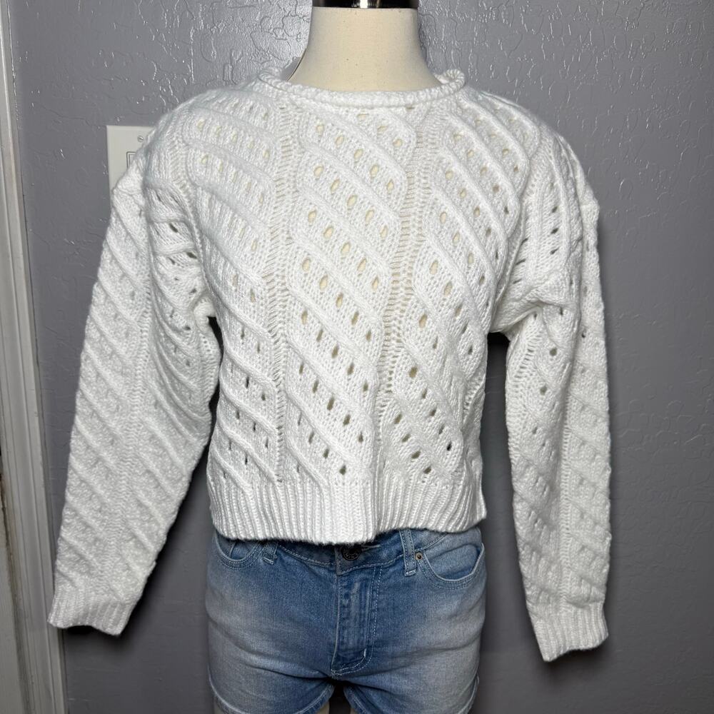 Forever 21 Open Kniit Cable Sweater White Cream Cropped, XS